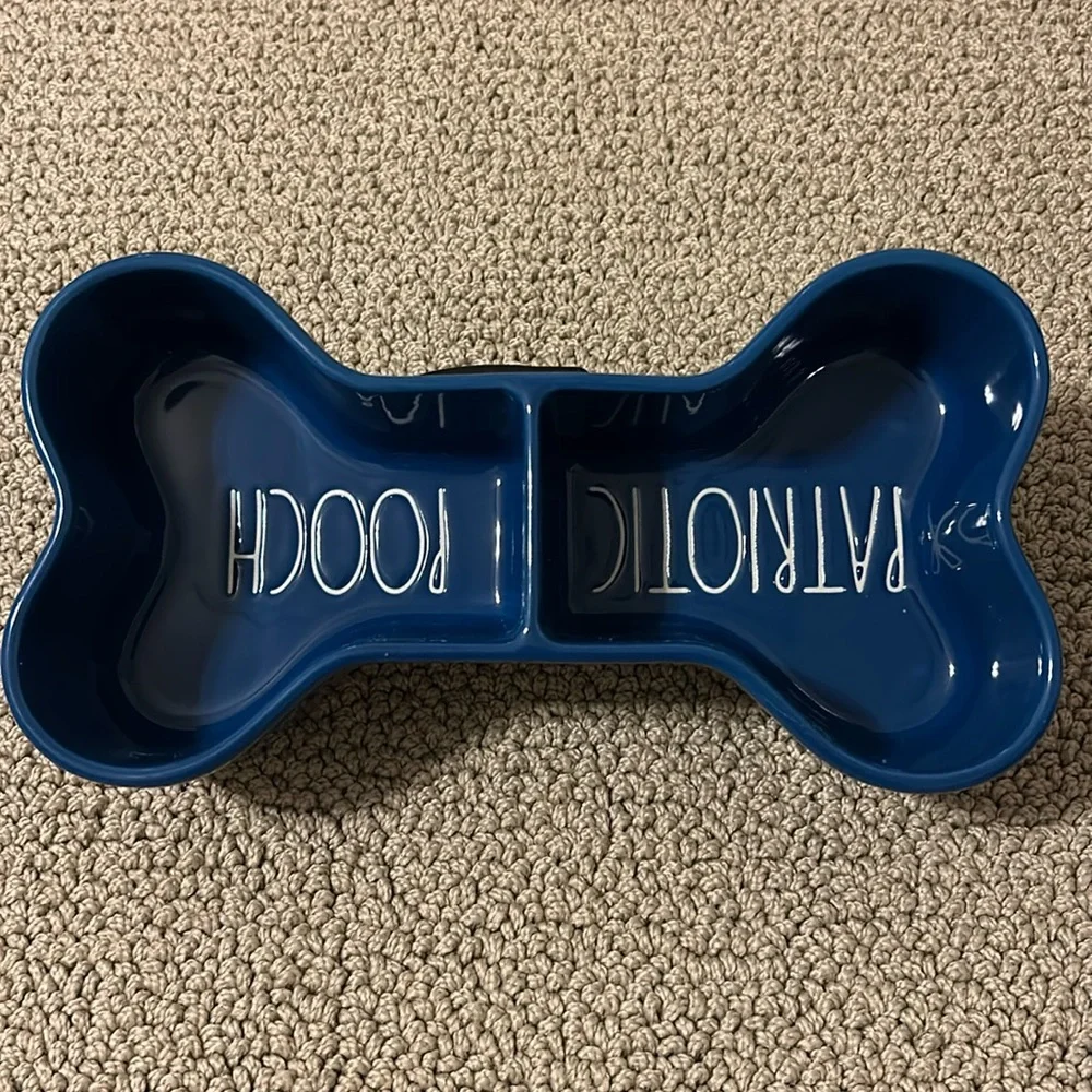 Rae Dunn Ceramic Marine Blue Patriotic Pooch Dog Bone Shaped Divided Dog Bowl